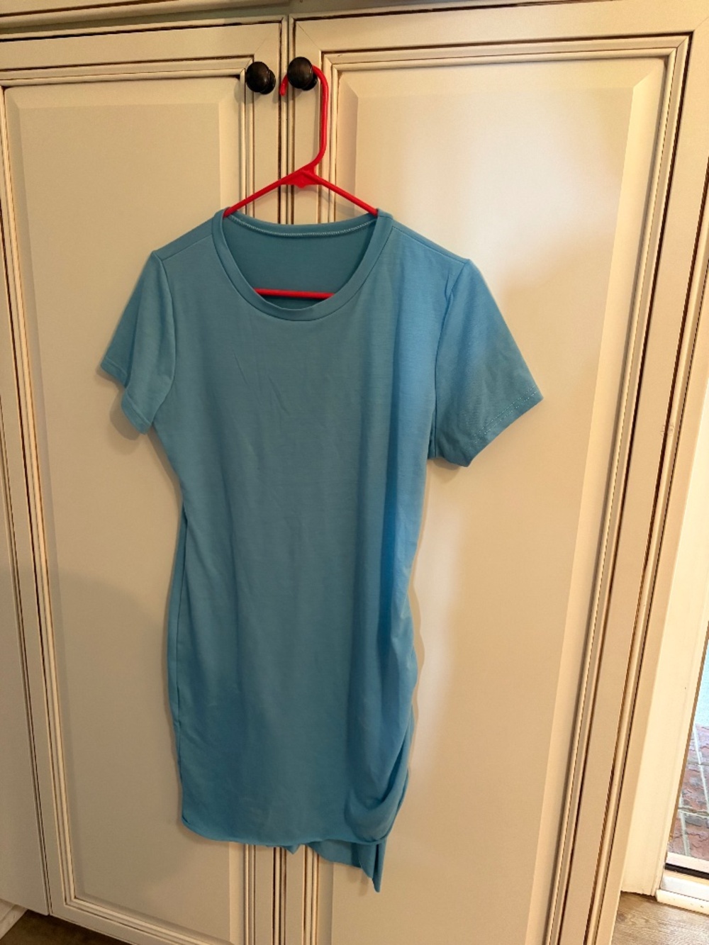 Light Blue Short Sleeve Side Ruched T-Shirt Dress
